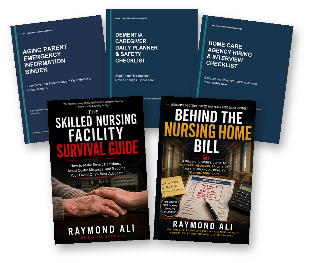 Covers of The Skilled Nursing Facility Survival Guide, Behind the Nursing Home Bill, and three aging-parent care workbooks by Raymond Ali
